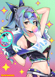 Rule 34 | 1girl, arm up, bare shoulders, belt, black gloves, black jacket, breasts, brown eyes, blowing bubbles, crop top, cropped jacket, drill hair, fingerless gloves, fishnets, fur trim, gloves, goggles, goggles on head, grey hair, hand up, highres, honkai: star rail, honkai (series), jacket, long hair, looking at viewer, medium breasts, midriff, navel, off shoulder, open fly, ponytail, shirt, silver wolf (honkai: star rail), single sleeve, solo, stomach, twomoon, upper body, white shirt