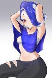 1girl armpits arms_behind_head black_pants blue_shawl cephalopod_eyes chest_sarashi closed_mouth commentary earrings eyelashes gradient_background grey_background hair_over_one_eye highres jewelry medium_hair multiple_earrings navel nintendo octoling pants porl red_eyes red_pupils sarashi shawl shiver_(splatoon) short_eyebrows simple_background sitting solo splatoon_(series) splatoon_3 tentacle_hair thick_eyebrows tooth_earrings torn_clothes torn_pants