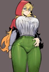 Rule 34 | 1girl, blonde hair, blue eyes, breasts, capelet, curvy, grabbing, green pants, grimm (red hood), hand on own hip, hood, hood up, hooded capelet, large breasts, long hair, looking at viewer, mature female, nyxkz, pants, red capelet, red hood, red hood (kawaguchi), shirt, shirt tucked in, solo, standing, thick thighs, thighs, tight clothes, tight pants, waist grab, white shirt, wide hips