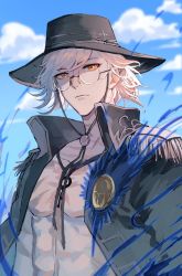 Rule 34 | 1boy, :|, chinese commentary, closed mouth, cloud, edmond dantes (fate), edmond dantes (monte cristo selection) (fate), expressionless, fate/grand order, fate (series), fedora, glasses, hat, highres, jacket, jacket on shoulders, jewelry, looking at viewer, lsuiany, male focus, necklace, pectorals, scar, sky, solo, upper body, wavy hair, white hair, yellow eyes
