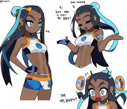 Rule 34 | 1girl, armlet, belly chain, bikini, black hair, blue eyes, blue hair, breasts, closed eyes, closed mouth, commentary, creatures (company), dark-skinned female, dark skin, earrings, eyelashes, eyeshadow, fang, firstw1, game freak, gloves, gold earrings, gym leader, hair bun, hand on own hip, hands up, highres, hoop earrings, jewelry, korean text, long hair, makeup, multicolored hair, multiple views, navel, necklace, nessa (pokemon), nintendo, partially fingerless gloves, pokemon, pokemon swsh, single glove, single hair bun, swimsuit, tankini, translation request, two-tone hair, white background
