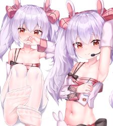 Rule 34 | 1girl, animal ears, arm up, armpits, azur lane, bare shoulders, blush, breasts, crop top, hair between eyes, hair ornament, hairband, laffey (azur lane), laffey (bunny idol @unmotivated) (azur lane), long hair, looking at viewer, mannack, microphone, multiple views, navel, pantyhose, rabbit ears, red eyes, silver hair, simple background, sitting, small breasts, soles, speaker, stomach, thighhighs, twintails, very long hair, white background, white thighhighs
