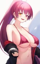 Rule 34 | 1girl, absurdres, ahoge, alternate hairstyle, bare shoulders, bikini, black jacket, blush, breasts, cleavage, earrings, fang, gold necklace, heart, heart earrings, heart necklace, heterochromia, highres, hololive, houshou marine, houshou marine (summer), jacket, jewelry, large breasts, long hair, looking at viewer, navel, necklace, open clothes, open jacket, open mouth, plaid, ponytail, red bikini, red eyes, red hair, shadow, smile, solo, sora shitatoge, swimsuit, upper body, virtual youtuber, yellow eyes