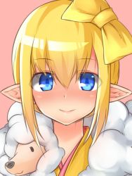 Rule 34 | 1girl, blonde hair, blue eyes, blush, bow, brll, closed mouth, hair between eyes, hair bow, looking at viewer, nose blush, original, pink background, pointy ears, portrait, simple background, smile, solo, yellow bow