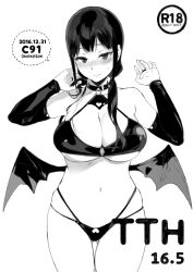 Rule 34 | 1girl, 3:, bikini, blush, breasts, bridal gauntlets, cleavage, collar, crotch cutout, demon girl, demon wings, greyscale, heart cutout, huge breasts, low twintails, low wings, monochrome, multi-strapped bikini, navel, content rating, sasamori tomoe, solo, demon girl, succubus stayed life, sweatdrop, swimsuit, twintails, underboob, wings, yomisawa tsukino