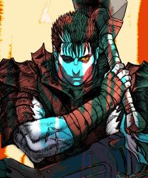 Rule 34 | 1boy, armor, bandaged arm, bandages, berserk, berserker armor, black hair, closed mouth, colored sclera, dragonslayer (sword), greatsword, guts (berserk), highres, holding, holding sword, holding weapon, limited palette, looking at viewer, male focus, multicolored hair, nisino2222, one eye closed, prosthesis, prosthetic arm, scar, scar on face, scar on nose, short hair, shoulder armor, solo, spiked hair, streaked hair, sword, weapon, yellow sclera