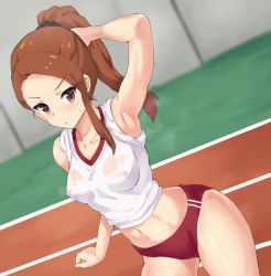 Rule 34 | 0byte, 1girl, adjusting hair, arm up, armpits, bare arms, bare shoulders, blurry, blurry background, blush, breasts, brown hair, buruma, closed mouth, collarbone, contrapposto, covered erect nipples, depth of field, double vertical stripe, dutch angle, forehead, gym uniform, idolmaster, idolmaster (classic), idolmaster 2, long hair, looking at viewer, medium breasts, minase iori, navel, nipples, no bra, ponytail, red buruma, red eyes, see-through, shirt, single sidelock, solo, stomach, sweat, track and field, v-shaped eyebrows, wet, wet clothes, wet shirt
