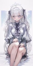 Rule 34 | 1girl, black ribbon, breasts, closed mouth, commentary, earrings, hair ribbon, halo, highres, jewelry, legs, long hair, long sleeves, looking at viewer, medium breasts, multiple rings, original, pink eyes, ribbon, ring, sitting, symbol-only commentary, two side up, voruvoru, white hair