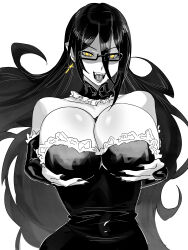 Rule 34 | 1girl, absurdres, breasts, celyn404, cleavage, daisy (celyn404), detached collar, dress, earrings, elbow gloves, fangs, frilled dress, frills, gloves, grabbing own breast, hair between eyes, highres, huge breasts, jewelry, looking at viewer, monochrome, original, solo, vampire, yellow eyes