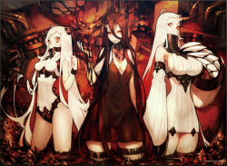 Rule 34 | 10s, 3girls, abyssal ship, airfield princess, akira (kadokawa), arm behind back, bags under eyes, bare shoulders, battleship princess, black dress, border, bracer, breasts, claws, cleavage, colored skin, covered erect nipples, covered navel, detached sleeves, dress, gauntlets, hair between eyes, hand in own hair, hand on own chest, heattech leotard, horns, kadokawa, kantai collection, lava, leotard, long hair, long sleeves, looking at viewer, machinery, medium breasts, monster, multiple girls, official art, oil, open mouth, orange eyes, ribbed dress, seaport princess, short dress, sideboob, single gauntlet, single horn, skin-covered horns, small breasts, smile, spikes, standing, thigh strap, turret, turtleneck, turtleneck dress, very long hair, wading, watermark, white dress, white hair, white skin