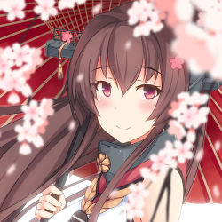 Rule 34 | 10s, 1girl, bad id, bad pixiv id, blush, brown hair, cherry blossoms, kantai collection, long hair, looking at viewer, oil-paper umbrella, shuuichi, smile, solo, umbrella, yamato (kancolle)