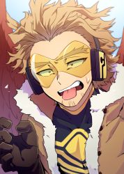 Rule 34 | 1boy, abiko yuuji, beard, black gloves, black shirt, blonde hair, blue background, boku no hero academia, collarbone, commentary request, earmuffs, facial hair, feathered wings, feathers, fur trim, gloves, hand up, hawks (boku no hero academia), highres, jacket, looking at viewer, male focus, open clothes, open mouth, shirt, solo, sunglasses, sweatdrop, teeth, tongue, tongue out, upper body, upper teeth only, wings