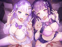Rule 34 | 2boys, 2girls, bare shoulders, blush, bra, bracelet, breasts, censored, cleavage, clothes lift, collarbone, double v, ear piercing, garter straps, girl on top, hair ornament, hairclip, highres, jewelry, large breasts, light purple hair, long hair, looking at viewer, mosaic censoring, multiple boys, multiple girls, nail polish, navel, original, penis, piercing, purple hair, purple nails, ring, sage joh, sex, shirt lift, smile, straddling, tongue, tongue out, underwear, v