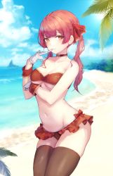 Rule 34 | 1girl, bandeau, bare arms, bare shoulders, beach, bikini, bikini skirt, biting, breast hold, breasts, brown thighhighs, choker, cleavage, collarbone, cowboy shot, glove biting, gloves, groin, hair ribbon, heterochromia, highres, hololive, houshou marine, leviathan (hikinito0902), medium breasts, mouth hold, navel, ocean, orange eyes, outdoors, red bikini, red choker, red eyes, red hair, ribbon, skindentation, smile, solo, standing, stomach, strapless, strapless bikini, swimsuit, thighhighs, thighs, twintails, virtual youtuber, water, white gloves, wrist cuffs