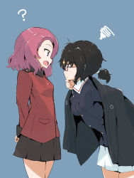 Rule 34 | 2girls, ?, arms behind back, black eyes, black hair, black jacket, black skirt, blue background, brown eyes, closed mouth, commentary, cowboy shot, epaulettes, frown, girls und panzer, glasses, hair tie, hand on own chin, haori, highres, jacket, jacket on shoulders, japanese clothes, leaning forward, long sleeves, looking at another, medium hair, messy hair, military, military uniform, miniskirt, multiple girls, open mouth, oryou (girls und panzer), pleated skirt, red-framed eyewear, red hair, red jacket, rosehip (girls und panzer), semi-rimless eyewear, short ponytail, shuiro (frog-16), simple background, skirt, smile, sparkle, squiggle, st. gloriana&#039;s military uniform, standing, under-rim eyewear, uniform