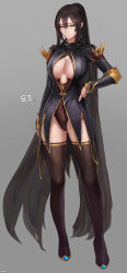 Rule 34 | 1girl, :|, armor, black cape, black dress, boots, bracer, breasts, brown footwear, brown hair, brown leotard, cape, closed mouth, dress, dungeon and fighter, elbow pads, female slayer (dungeon and fighter), full body, gluteal fold, green eyes, grey background, hair between eyes, hand on own hip, highres, large breasts, leotard, long sleeves, looking at viewer, monaim, ponytail, signature, solo, standing, thigh boots, thighhighs