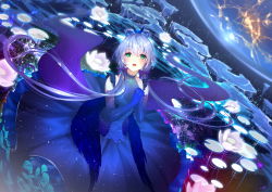 Rule 34 | 1girl, blue dress, blue gloves, blue hair, bow, catcan, collarbone, dress, elbow gloves, floating hair, gloves, gradient hair, green eyes, hair between eyes, hair bow, highres, long dress, long hair, looking at viewer, looking up, low twintails, luo tianyi, multicolored hair, open mouth, own hands clasped, own hands together, purple bow, purple hair, sky, sleeveless, sleeveless dress, solo, space, star (sky), starry sky, twintails, very long hair, vocaloid