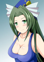 Rule 34 | 1girl, blush, breasts, cleavage, female focus, green eyes, green hair, hat, inoshira, large breasts, long hair, matching hair/eyes, mima (touhou), one-piece swimsuit, smile, solo, swimsuit, touhou, touhou (pc-98), very long hair, wizard hat