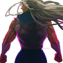 Rule 34 | 1girl, bandaged arm, bandages, blue skirt, clenched hands, closed mouth, danganronpa: trigger happy havoc, danganronpa (series), from behind, long hair, looking back, muscular, muscular female, ogami sakura, sailor collar, shirt, signature, skirt, solo, tan, torn clothes, torn sleeves, udaruga, white background, white hair, white shirt