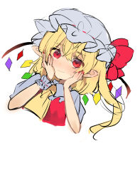 Rule 34 | 1girl, ascot, bat wings, blonde hair, crystal, flandre scarlet, hand on own face, hat, hat ribbon, highres, mob cap, multicolored wings, one side up, puffy short sleeves, puffy sleeves, ramochi, red eyes, red vest, ribbon, short hair, short sleeves, side ponytail, solo, touhou, upper body, vest, white hat, wings, yellow ascot