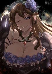 Rule 34 | 10s, 1girl, ;), bare shoulders, blue eyes, blush, breasts, brown hair, cleavage, elbow gloves, female focus, flower, gloves, granblue fantasy, hair flower, hair ornament, highres, jewelry, kurosawa-san, kurosawa shouichi, large breasts, long hair, looking at viewer, necklace, one eye closed, rosetta (granblue fantasy), signature, smile, solo, upper body