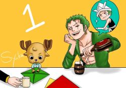 Rule 34 | 3boys, age difference, drink, green hair, male focus, multiple boys, one piece, roronoa zoro, sanji (one piece), smile, tony tony chopper