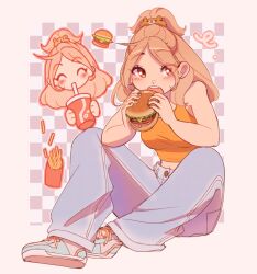 Rule 34 | 1girl, ^ ^, absurdres, blue pants, blush, breasts, brown eyes, brown hair, burger, chibi, chibi inset, closed eyes, commentary, cudlil, cudlil (character), cup, denim, disposable cup, earrings, food, french fries, glint, hair behind ear, highres, holding, holding cup, holding food, jeans, jewelry, long hair, looking to the side, medium breasts, midriff peek, navel, orange tank top, original, pants, parted bangs, pink footwear, shoes, sitting, sneakers, solo focus, symbol-only commentary, tank top
