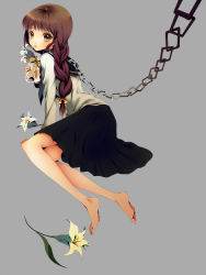 Rule 34 | 1girl, arm support, bad id, bad pixiv id, barefoot, braid, brown hair, chain, collar, copyright request, flower, full body, lily (flower), long hair, looking at viewer, school uniform, serafuku, sitting, skirt, solo, yoshii
