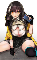 Rule 34 | 1girl, absurdres, artist name, black gloves, black hair, black skirt, blush, bra, breasts, cellphone, character name, cleavage, fingerless gloves, girls&#039; frontline, gloves, heterochromia, highres, holding, holding phone, hood, hooded jacket, jacket, kojima (blue stardust), large breasts, long hair, multicolored hair, navel, open clothes, open mouth, phone, red eyes, ro635 (girls&#039; frontline), sitting, skirt, smartphone, solo, streaked hair, sweater vest, thighhighs, underwear, white bra, yellow eyes