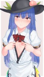 Rule 34 | 1girl, black hat, blue hair, blush, border, bow, bowtie, breasts, breasts out, center frills, commentary request, flat chest, food, frills, fruit, hat, highres, hinanawi tenshi, large areolae, leaf, long hair, looking at viewer, momoiro lettuce, nipples, peach, pink background, puffy short sleeves, puffy sleeves, red bow, red eyes, shirt, short sleeves, simple background, solo, touhou, very long hair, white shirt