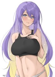 Rule 34 | 1girl, absurdres, black shirt, blonde hair, blush, breasts, byeon dha, collarbone, gradient hair, hair between eyes, highres, hololive, hololive indonesia, large breasts, long hair, looking at viewer, midriff, moona hoshinova, multicolored hair, navel, open mouth, panties, purple eyes, purple hair, shirt, sidelocks, smile, solo, two-tone hair, underwear, virtual youtuber, white background, white panties