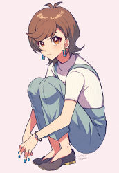 Rule 34 | 1girl, 2021, blue nails, blue pants, blush, brown eyes, brown hair, closed mouth, dated, earrings, full body, grey background, grey footwear, jewelry, mikami (mkm0v0), nail polish, pants, ribbed sweater, short hair, short sleeves, signature, simple background, sketch, solo, squatting, suspenders, sweater, swept bangs, watch, white sweater, wristwatch, yu-gi-oh!, yu-gi-oh! vrains, zaizen aoi