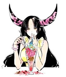 Rule 34 | 1girl, arms up, black hair, black horns, blue hair, bracelet, breasts, commentary, covered mouth, covering own mouth, dress, facing another, fate/extra, fate/extra ccc, fate/grand order, fate (series), food, forehead tattoo, hans christian andersen (fate), holding, holding spoon, horns, ice cream, jewelry, large breasts, long hair, long horns, looking at another, looking down, melting, mini person, miniboy, nobicco, pearl bracelet, pink bracelet, pink horns, sessyoin kiara, short hair, simple background, sleeveless, sleeveless dress, spoon, sundae, white background, yellow dress, yellow eyes