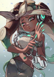 Rule 34 | 1girl, bandana, black hair, bracelet, breasts, cephalopod eyes, chain necklace, contrapposto, crop top, dark-skinned female, dark skin, gradient hair, green eyes, green hair, green nails, headband, headphones, highres, jewelry, long hair, looking at viewer, marina (splatoon), medallion, medium breasts, mole, mole under mouth, multicolored hair, nail polish, navel piercing, necklace, nintendo, nose, octoling, pants, piercing, puckered lips, ribbed sweater, sizu, solo, splatoon (series), splatoon 2, splatoon 2: octo expansion, suction cups, sweater, tentacle hair, thigh gap, tri tails, very long hair, wide hips, wireless