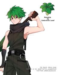 Rule 34 | 1boy, arm up, bare shoulders, belt, belt pouch, black belt, black eyes, black gloves, black jumpsuit, black pants, black scarf, black shirt, black undershirt, character name, commentary request, cowboy shot, ear piercing, fingerless gloves, gloves, green hair, green umbrella, highres, holding, holding umbrella, humanization, jumpsuit, looking at viewer, looking down, male focus, pants, personification, piercing, plants vs zombies, pouch, reka-san, scarf, shirt, short hair, simple background, single glove, sleeveless, sleeveless jumpsuit, sleeveless shirt, spiked hair, tagme, turtleneck, turtleneck shirt, umbrella, umbrella leaf (plants vs zombies), undershirt, white background