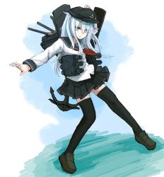 Rule 34 | 10s, 1girl, anchor, bee (deadflow), black thighhighs, blue eyes, hat, hibiki (kancolle), highres, kantai collection, long hair, mary janes, open mouth, pleated skirt, school uniform, serafuku, shoes, silver hair, skirt, solo, thighhighs