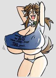 Rule 34 | 1girl, animal collar, animal ears, arms up, black outline, blue shirt, breasts, bursting breasts, cleavage, clothes writing, collar, covered erect nipples, dog ears, dog girl, dog tail, english text, eyelashes, eyes visible through hair, female focus, gigantic breasts, humor, lass (ego trigger), looking at viewer, matsu-sensei, motion lines, no pants, open mouth, original, outline, shirt, skindentation, smile, smug, solo, tail, underboob, wide hips
