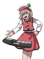 Rule 34 | 1girl, absurdres, brown eyes, brown hair, commentary, eddybird55555, english commentary, hat ornament, highres, instrument, keyboard (instrument), long sleeves, looking at viewer, lyrica prismriver, one eye closed, open mouth, red headwear, red skirt, ringed eyes, short hair, skirt, solo, standing, star (symbol), star hat ornament, teeth, touhou, upper teeth only