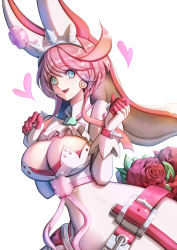 Rule 34 | 1girl, ahoge, belt, belt buckle, blue eyes, breasts, bridal veil, buckle, cleavage, cleavage cutout, clothing cutout, cowboy shot, dress, earrings, elphelt valentine, flower, from side, glint, gloves, guilty gear, hands up, heart, jewelry, large breasts, lipstick, looking at viewer, makeup, pink hair, pink theme, ribbon, rose, short hair, sideways glance, solo, veil, wedding dress, white dress, yumiyokiak