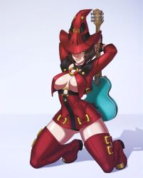 Rule 34 | 1girl, arched back, bare shoulders, boots, breasts, breasts apart, buckle, cleavage, cropped jacket, electric guitar, fingerless gloves, fonteart, full body, gloves, guilty gear, guitar, halterneck, hat, high heel boots, high heels, highres, i-no, instrument, o-ring, o-ring top, signature, smile, witch hat