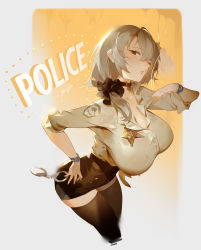 Rule 34 | absurdres, ahoge, beige shirt, black scrunchie, black skirt, black thighhighs, blonde hair, bracelet, breasts, choker, cleavage, collared shirt, cuffs, dress shirt, handcuffs, helic (7317helic), high-waist skirt, highres, huge breasts, jewelry, large breasts, leaning forward, looking to the side, low tied hair, original, parted lips, police, police uniform, policewoman, scrunchie, shirt, skirt, sleeves rolled up, thighhighs, thighs, uniform