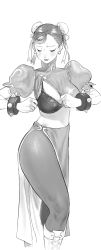 Rule 34 | 1girl, blush, bra, breasts, breasts out, capcom, chinese clothes, chun-li, closed eyes, highres, large breasts, legs, monochrome, street fighter, thighs, underwear