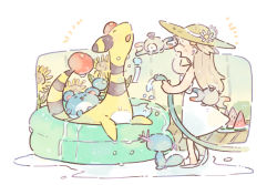 Rule 34 | 1girl, :d, ^ ^, ampharos, bare arms, bare shoulders, closed eyes, creatures (company), daisy, dress, flip-flops, flower, food, fruit, game freak, gen 1 pokemon, gen 2 pokemon, hair bobbles, hair ornament, hat, hat flower, holding, holding hose, hose, jasmine (pokemon), katiko, light brown hair, long hair, magnemite, marill, nintendo, open mouth, plate, pokemon, pokemon (creature), pokemon gsc, puddle, sandals, smile, standing, straw hat, sunflower, two side up, wading pool, water, watermelon, watermelon slice, white dress, white flower, white footwear, wooper, yellow flower, yellow headwear