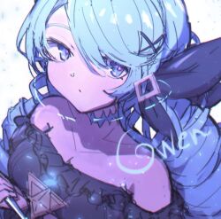 Rule 34 | 1girl, bare shoulders, black bow, black dress, blush, bow, breasts, character name, collarbone, detached sleeves, dress, green hair, gwen (league of legends), hair bow, hair ornament, hairclip, large breasts, league of legends, long hair, monakan japan, solo, white background, x hair ornament