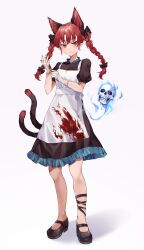 Rule 34 | 1girl, absurdres, adjusting clothes, adjusting gloves, animal ears, apron, black bow, black dress, black footwear, blood, blood on clothes, bow, braid, cat ears, cat tail, chinese commentary, closed mouth, commentary request, dress, extra ears, full body, gloves, hair bow, highres, kaenbyou rin, long hair, looking at viewer, multiple tails, nekomata, pointy ears, red eyes, red hair, short sleeves, side braids, simple background, solo, standing, tail, touhou, twin braids, two tails, utsuro114514, white apron, white background, white gloves