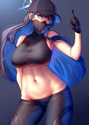 Rule 34 | 1girl, absurdres, bare arms, bare shoulders, black gloves, black headwear, black pants, black shirt, blue archive, blue background, blue eyes, blue hair, breasts, commentary request, cowboy shot, crop top, gloves, gradient background, groin, highres, large breasts, leggings, long hair, looking at viewer, lowleg, mask, midriff, mouth mask, navel, nicchi, pants, partial commentary, saori (blue archive), shirt, sleeveless, sleeveless shirt, solo, standing, stomach, thighs, very long hair