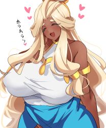 1girl bare_shoulders blonde_hair breasts cookie_run cookie_run:_kingdom dark-skinned_female dark_skin dress highres humanization jewelry large_breasts long_hair mozzarella_cookie mx_pyuta1 open_mouth simple_background smile solo translation_request very_long_hair white_background