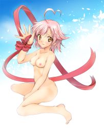 Rule 34 | 1girl, aino heart, arcana heart, arm support, ass, blush, breasts, brown eyes, embarrassed, highres, legs, medium breasts, naked ribbon, nude, pink eyes, ribbon, short hair, sitting, tan, tanline, thighs