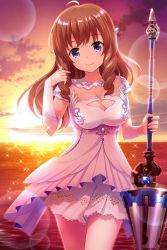 Rule 34 | 1girl, absurdres, alternative girls, arimura shion, blue eyes, brown hair, cloud, dress, hand in own hair, highres, jewelry, lance, long hair, ocean, official art, polearm, sky, smile, standing, sunset, weapon