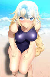 Rule 34 | 1girl, bare arms, bare legs, bare shoulders, barefoot, beach, blonde hair, blue eyes, blue one-piece swimsuit, blush, braid, breasts, closed mouth, fate/grand order, fate (series), feet, hair ornament, hands on own thighs, highres, jeanne d&#039;arc (fate), jeanne d&#039;arc (ruler) (fate), large breasts, legs, long hair, looking at viewer, ocean, one-piece swimsuit, outdoors, sand, shiny clothes, shiny skin, single braid, solo, squatting, swimsuit, thighs, toes, water, yadokari genpachirou